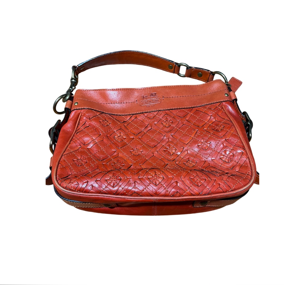 Coach Orange Leather Shoulder Bag with Embossed Pattern